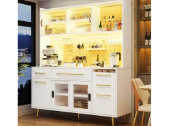 Aparador de cozinha moderno - 145 x 39 x 171 cm - com portas + LEDs + gavetas + prateleira de vidro - MDF + vidro - branco