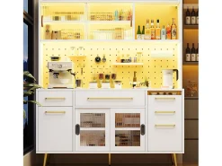 Aparador de cozinha moderno - 145 x 39 x 171 cm - com portas + LEDs + gavetas + prateleira de vidro - MDF + vidro - branco
