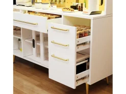 Aparador de cozinha moderno - 145 x 39 x 171 cm - com portas + LEDs + gavetas + prateleira de vidro - MDF + vidro - branco