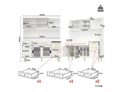 Aparador de cozinha moderno - 145 x 39 x 171 cm - com portas + LEDs + gavetas + prateleira de vidro - MDF + vidro - branco