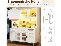 Aparador de cozinha moderno - 145 x 39 x 171 cm - com portas + LEDs + gavetas + prateleira de vidro - MDF + vidro - branco