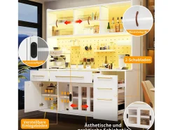 Aparador de cozinha moderno - 145 x 39 x 171 cm - com portas + LEDs + gavetas + prateleira de vidro - MDF + vidro - branco
