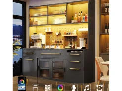 Aparador de cozinha moderno - 145 x 39 x 171 cm - com portas + LEDs + gavetas + prateleira de vidro - MDF + vidro - preto