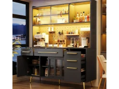 Aparador de cozinha moderno - 145 x 39 x 171 cm - com portas + LEDs + gavetas + prateleira de vidro - MDF + vidro - preto