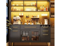 Aparador de cozinha moderno - 145 x 39 x 171 cm - com portas + LEDs + gavetas + prateleira de vidro - MDF + vidro - preto