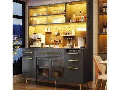 Aparador de cozinha moderno - 145 x 39 x 171 cm - com portas + LEDs + gavetas + prateleira de vidro - MDF + vidro - preto