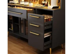 Aparador de cozinha moderno - 145 x 39 x 171 cm - com portas + LEDs + gavetas + prateleira de vidro - MDF + vidro - preto