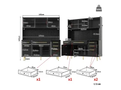 Aparador de cozinha moderno - 145 x 39 x 171 cm - com portas + LEDs + gavetas + prateleira de vidro - MDF + vidro - preto