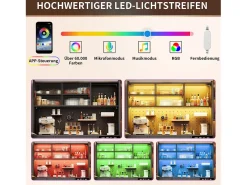 Aparador de cozinha moderno - 145 x 39 x 171 cm - com portas + LEDs + gavetas + prateleira de vidro - MDF + vidro - preto