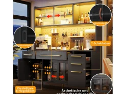Aparador de cozinha moderno - 145 x 39 x 171 cm - com portas + LEDs + gavetas + prateleira de vidro - MDF + vidro - preto