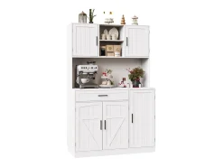 Aparador de cozinha 110x38x180 cm com iluminação LED, tomada elétrica, 5 portas e 1 gaveta - Branco