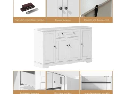 Aparador de cozinha 138x40x85cm com 4 portas e 1 gaveta, corpo em MDF branco