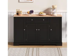 Aparador de cozinha 138x40x85cm com 4 portas e 1 gaveta, tampo em madeira natural, corpo preto
