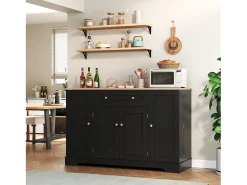 Aparador de cozinha 138x40x85cm com 4 portas e 1 gaveta, tampo em madeira natural, corpo preto