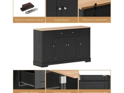 Aparador de cozinha 138x40x85cm com 4 portas e 1 gaveta, tampo em madeira natural, corpo preto