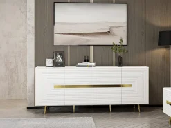 Aparador design com 4 portas em MDF branco e dourado - MOLYA