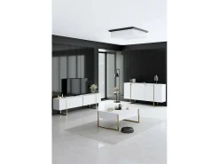 Aparador Dgarzitt, Buffet de sala, Aparador de sala, Despensa de cozinha, 160x35h80 cm, Branco e Dourado