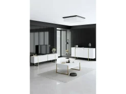 Aparador Dgarzitt, Buffet de sala, Aparador de sala, Despensa de cozinha, 160x35h80 cm, Branco e Dourado