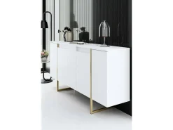 Aparador Dgarzitt, Buffet de sala, Aparador de sala, Despensa de cozinha, 160x35h80 cm, Branco e Dourado