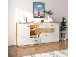 Aparador LED 160x40x77cm, Móvel com 2 Portas, 4 Gavetas, Prateleira em Vidro, Móvel de Sala com Efeito Madeira Móvel Multiusos - Branco