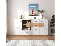 Aparador LED 160x40x77cm, Móvel com 2 Portas, 4 Gavetas, Prateleira em Vidro, Móvel de Sala com Efeito Madeira Móvel Multiusos - Branco