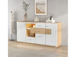 Aparador LED 160x40x77cm, Móvel com 2 Portas, 4 Gavetas, Prateleira em Vidro, Móvel de Sala com Efeito Madeira Móvel Multiusos - Branco