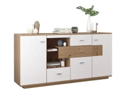 Aparador LED 160x40x77cm, Móvel com 2 Portas, 4 Gavetas, Prateleira em Vidro, Móvel de Sala com Efeito Madeira Móvel Multiusos - Branco
