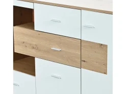 Aparador LED 160x40x77cm, Móvel com 2 Portas, 4 Gavetas, Prateleira em Vidro, Móvel de Sala com Efeito Madeira Móvel Multiusos - Branco