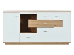 Aparador LED 160x40x77cm, Móvel com 2 Portas, 4 Gavetas, Prateleira em Vidro, Móvel de Sala com Efeito Madeira Móvel Multiusos - Branco