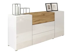 Aparador moderno 150 cm – de pé, 3 gavetas e 2 portas, corpo branco mate, frentes branco brilho, detalhe carvalho wotan mate