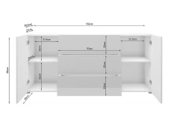Aparador moderno 150 cm – de pé, 3 gavetas e 2 portas, corpo branco mate, frentes branco brilho, detalhe carvalho wotan mate