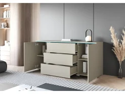 Aparador moderno 150 cm para sala mate 3 gavetas e 2 portas bege caxemira