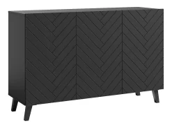 Aparador moderno 120 cm para sala de estar com pés, grafite preto, frentes MDF em espinha de peixe