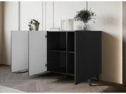 Aparador moderno 120 cm para sala de estar com pés, grafite preto, frentes MDF em espinha de peixe