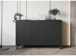 Aparador moderno 120 cm para sala de estar com pés, grafite preto, frentes MDF em espinha de peixe