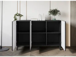Aparador moderno 120 cm para sala de estar com pés, grafite preto, frentes MDF em espinha de peixe