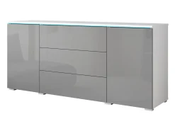 Aparador moderno 150 cm para sala 3 gavetas e 2 portas corpo branco mate e frentes cinzento brilho