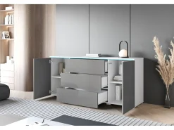 Aparador moderno 150 cm para sala 3 gavetas e 2 portas corpo branco mate e frentes cinzento brilho