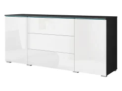 Aparador moderno 150 cm para sala 3 gavetas e 2 portas corpo matera mate e frentes branco brilho