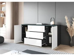 Aparador moderno 150 cm para sala 3 gavetas e 2 portas corpo matera mate e frentes branco brilho
