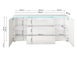 Aparador moderno 150 cm para sala 3 gavetas e 2 portas corpo matera mate e frentes branco brilho