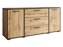 Aparador moderno 150 cm para sala – 3 gavetas e 2 portas, cor carvalho wotan com borda grafite preto