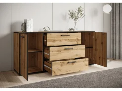 Aparador moderno 150 cm para sala – 3 gavetas e 2 portas, cor carvalho wotan com borda grafite preto