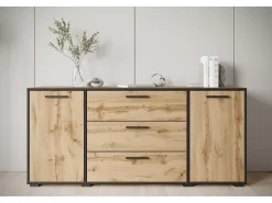 Aparador moderno 150 cm para sala – 3 gavetas e 2 portas, cor carvalho wotan com borda grafite preto