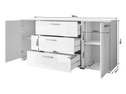 Aparador moderno 150 cm para sala – 3 gavetas e 2 portas, cor carvalho wotan com borda grafite preto