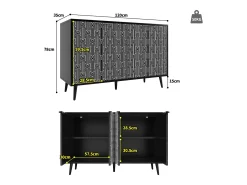 Aparador moderno com 4 portas esculpidas - 120 x 35 x 78 cm - MDF - para sala de jantar e sala de estar - Preto