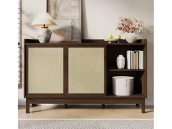 Aparador moderno para sala de estar - 150 x 39,5 x 80 cm - com portas de correr + 2 gavetas - aglomerado - cor natural escura