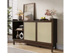 Aparador moderno para sala de estar - 150 x 39,5 x 80 cm - com portas de correr + 2 gavetas - aglomerado - cor natural escura