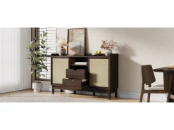 Aparador moderno para sala de estar - 150 x 39,5 x 80 cm - com portas de correr + 2 gavetas - aglomerado - cor natural escura