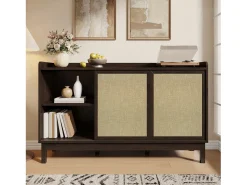 Aparador moderno para sala de estar - 150 x 39,5 x 80 cm - com portas de correr + 2 gavetas - aglomerado - cor natural escura